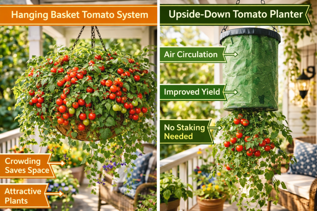 Hanging basket vs upside-down tomato planter comparison