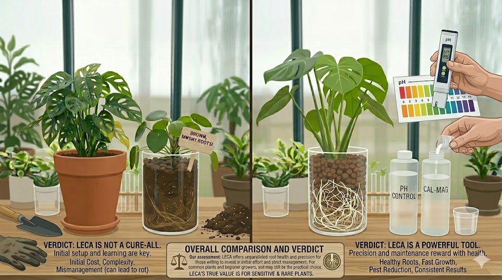 Side-by-side comparison showing a soil-grown plant with root issues versus a healthy LECA-grown plant, highlighting care tools like pH testing and nutrients. The image emphasizes LECA’s benefits when properly managed.
