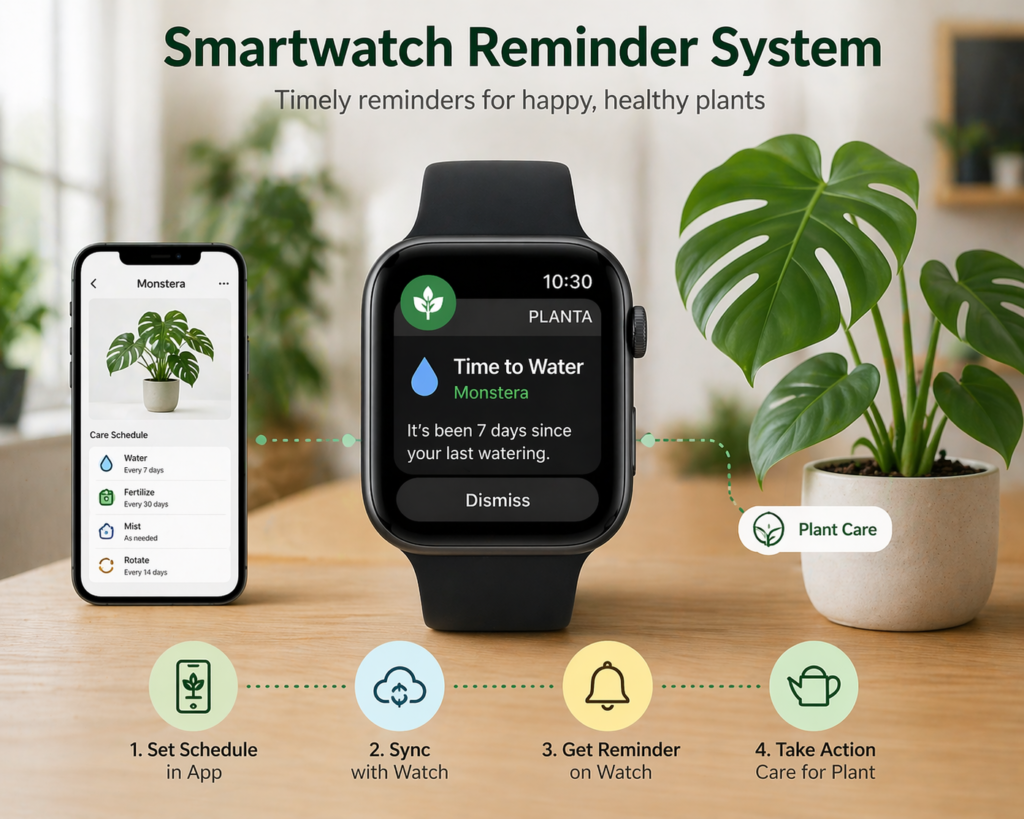 Smartwatch showing plant watering reminder notification  