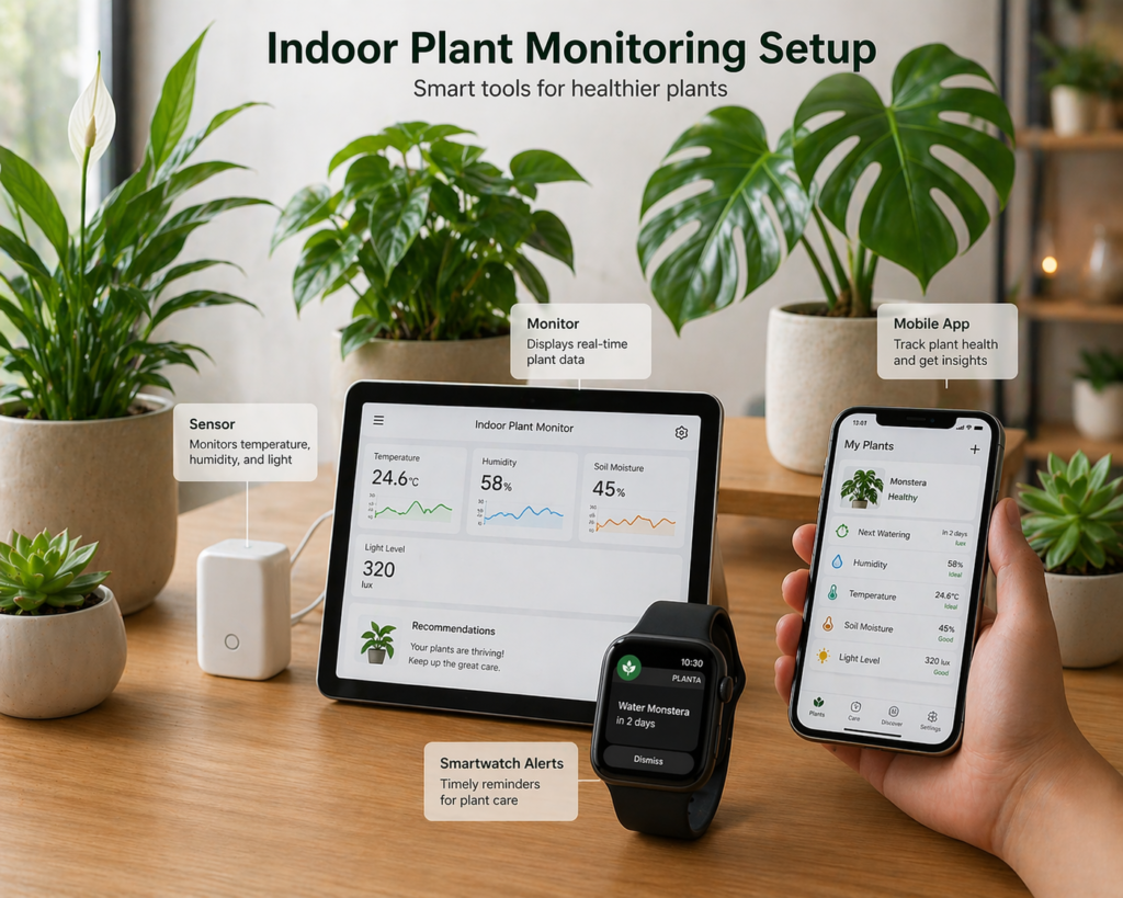 Indoor plants monitored with smart humidity sensor 