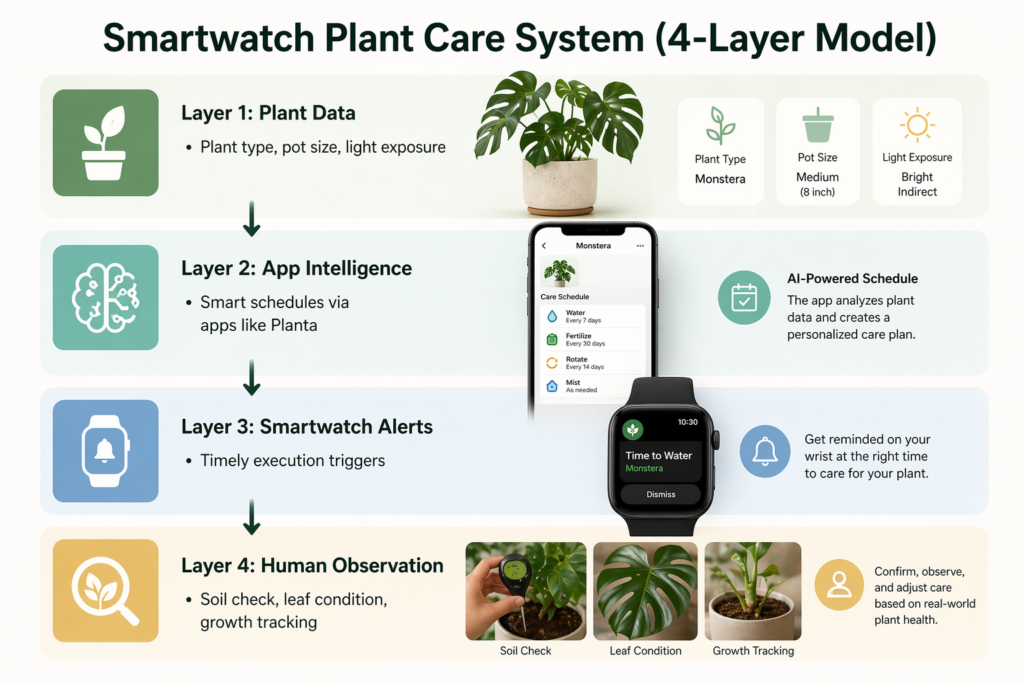 A 4-layer smartwatch plant care system, including plant data, app intelligence, smartwatch alerts, and human observation.