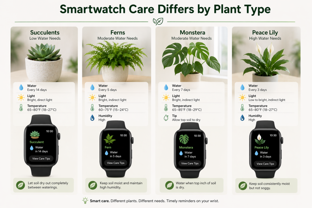 Smartwatch care varies by plant type, with different watering schedules and needs for succulents, ferns, monstera, and peace lily.