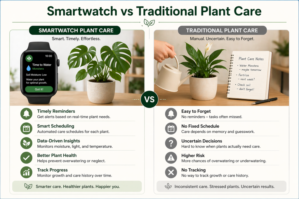 Smartwatch-based plant care versus traditional methods, highlighting automation, reminders, and consistency versus manual care routines.