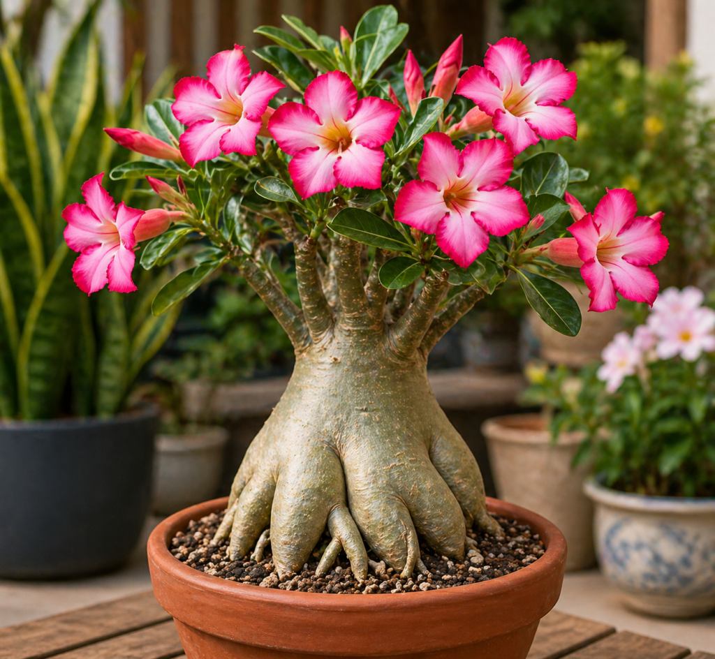Adenium plant with a swollen caudex trunk and bright pink flowers growing in a terracotta pot.

