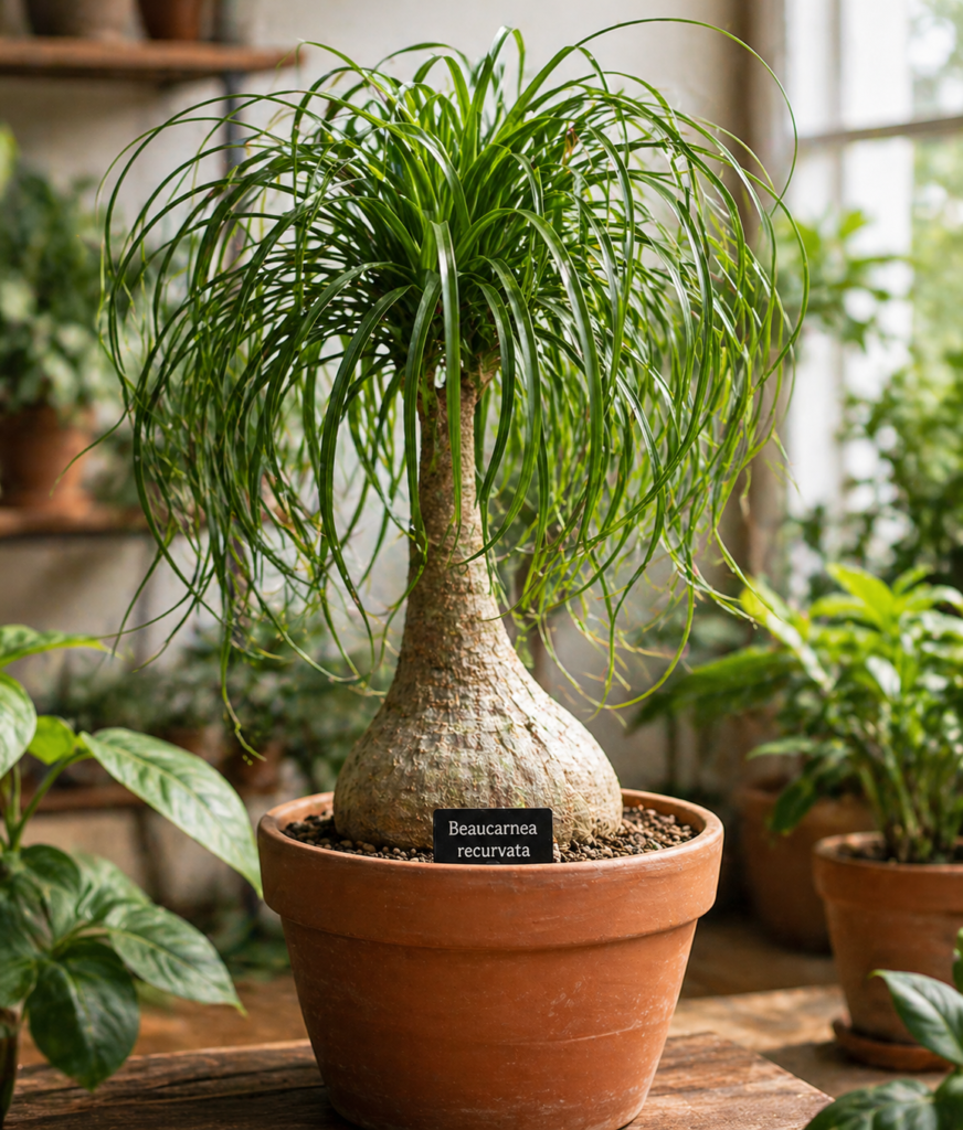 Beaucarnea recurvata (Ponytail Palm) with a swollen water-storing base and long arching green leaves in a terracotta pot.