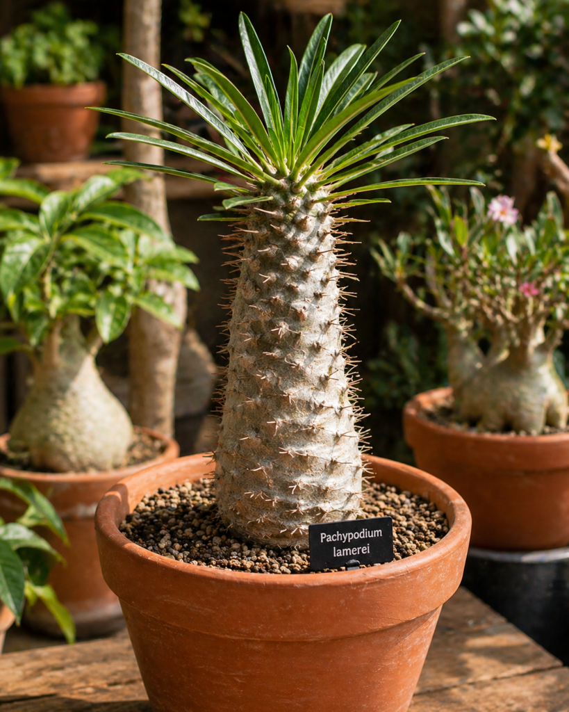 Pachypodium plant with a thick spiny trunk and green crown of leaves growing in a terracotta pot.