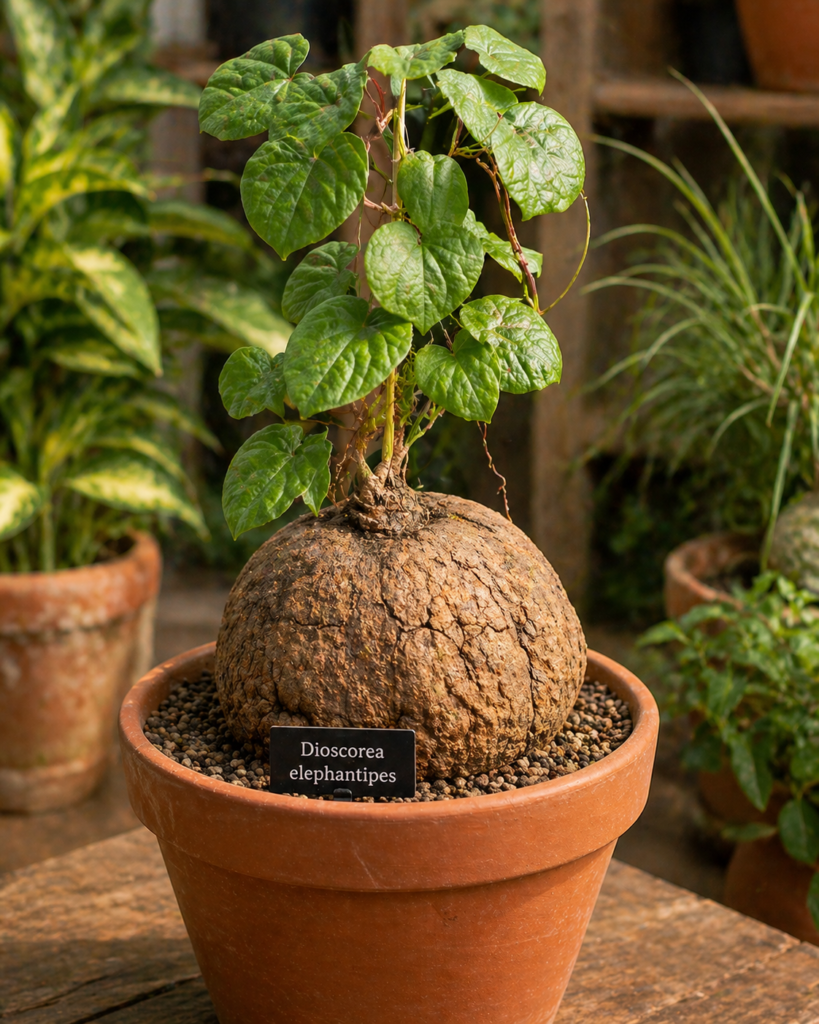 Dioscorea elephantipes with a cracked turtle-shell caudex and climbing green vines growing in a terracotta pot.