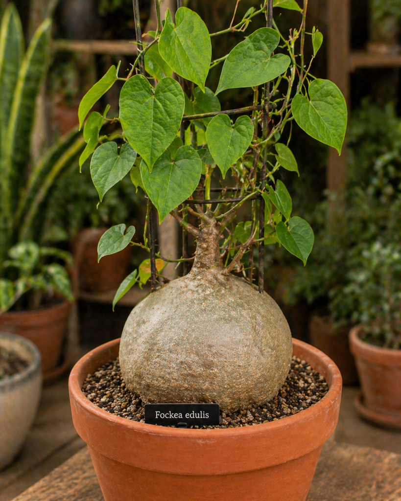 Fockea edulis with a swollen caudex base and climbing green vines trained on support in a terracotta pot.