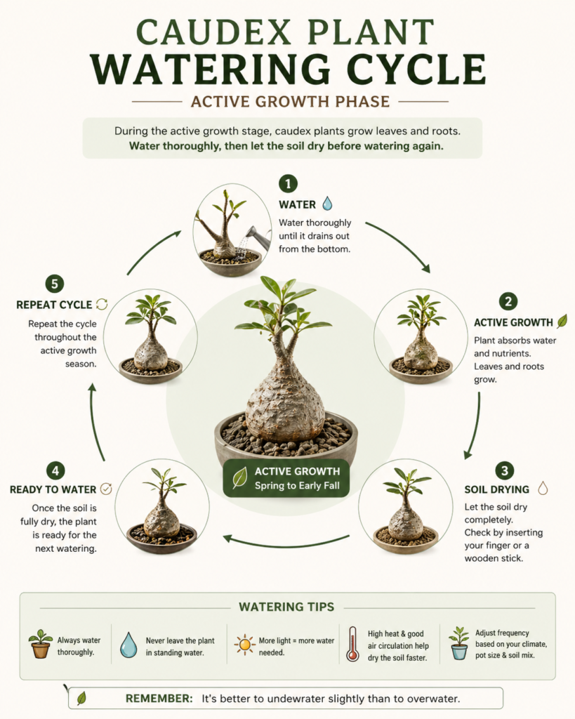 its active growth phase, from watering to soil drying and repeat care. Visual guide includes seasonal growth timing and essential watering tips for healthy development.
