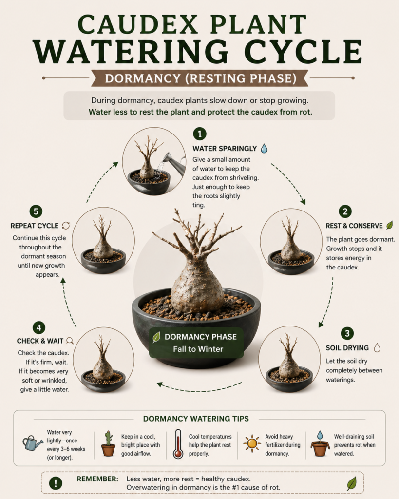 A caudex plant with light watering, dry soil periods, and resting phase care tips.