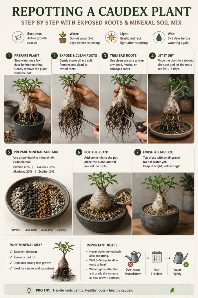 Step-by-step caudex plant repotting infographic showing exposed roots and mineral soil mix preparation.