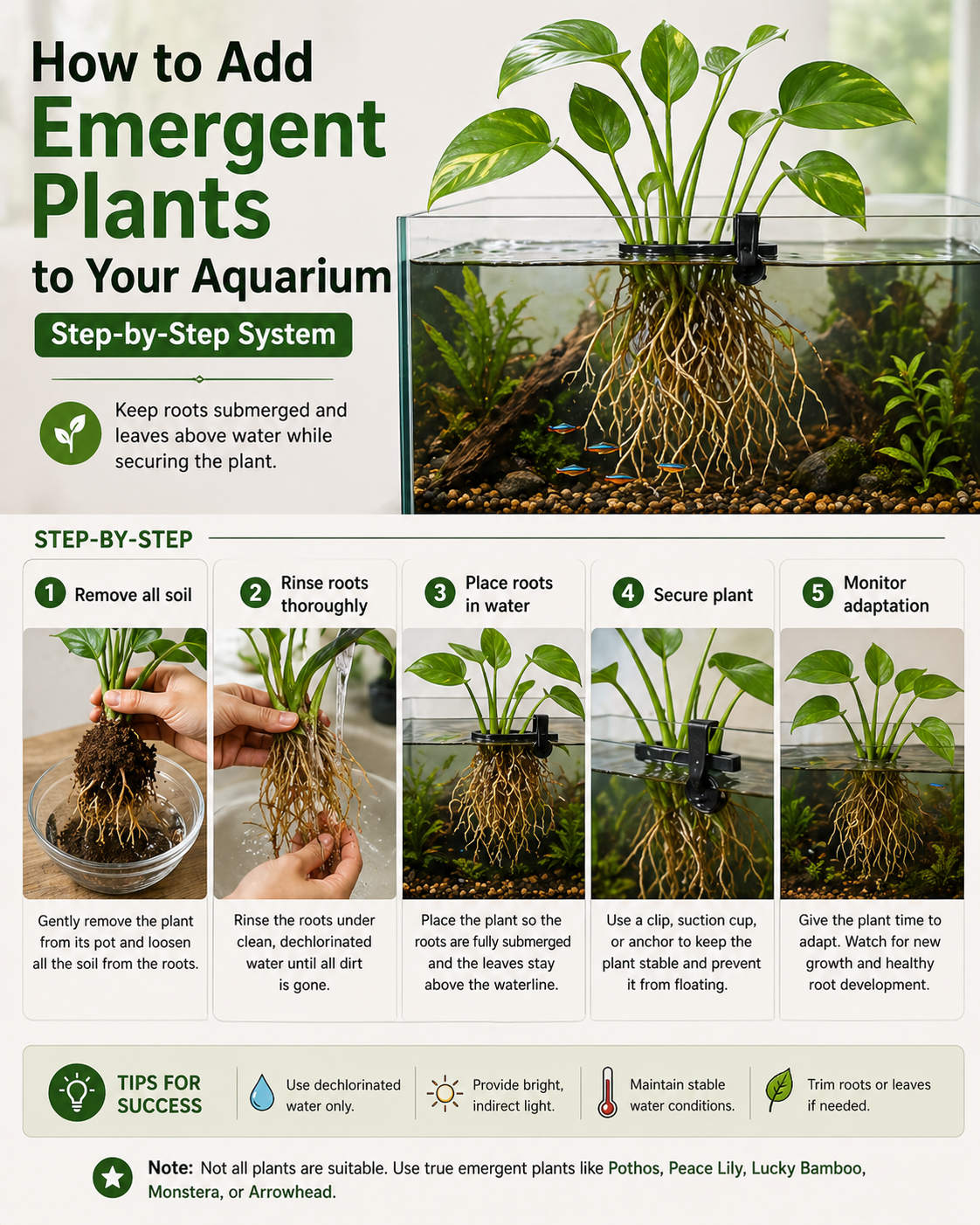 Emergent plants in an aquarium with roots underwater and leaves above the surface.