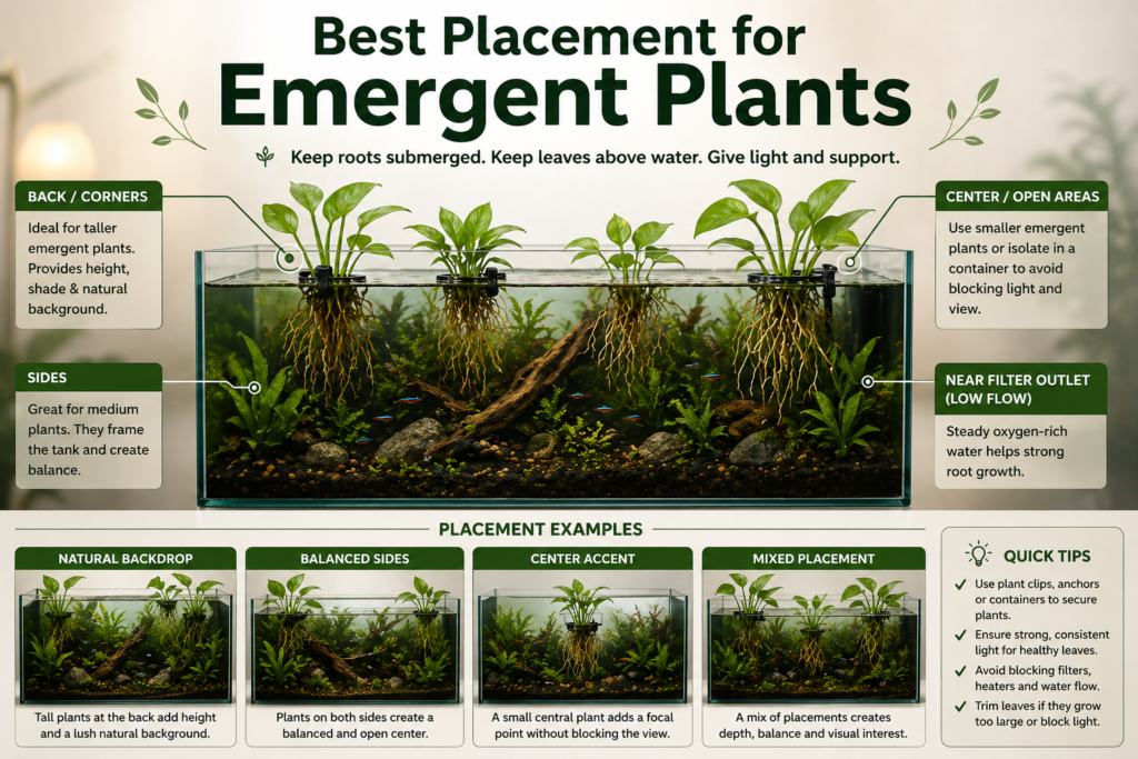 The ideal aquarium placement for emergent plants, with roots underwater and leaves above the surface.