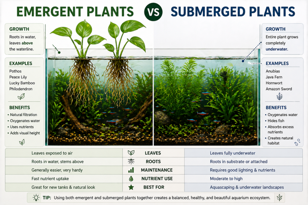 Emergent plants growing above the waterline and submerged plants growing fully underwater in an aquarium.
