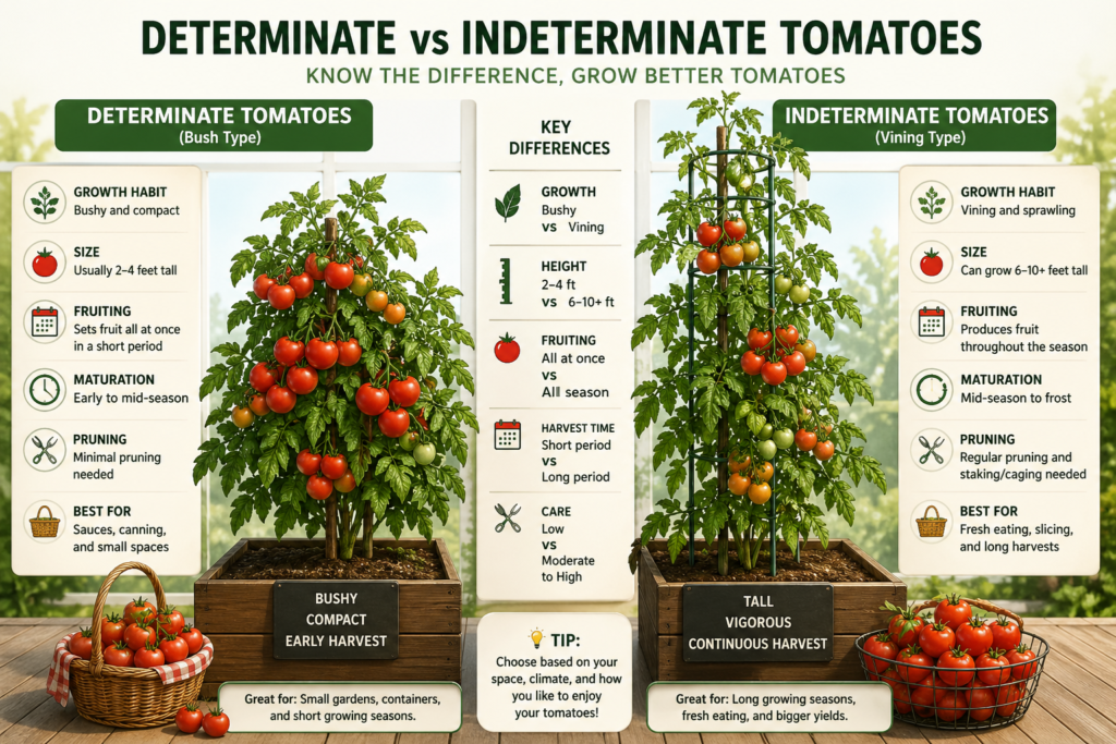 Comparison chart of determinate vs indeterminate tomatoes, showing growth style, size, and harvest differences.

