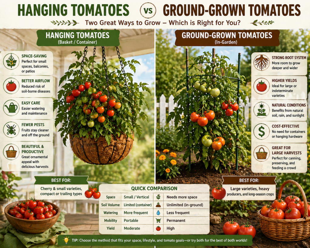 Hanging tomatoes and ground-grown tomatoes compared side by side, showing differences in growth style, space use, and fruit production.
