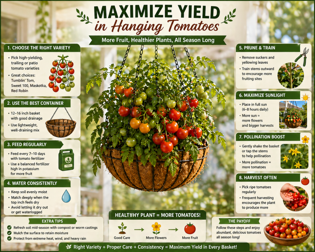 Tips to maximize hanging tomato yield, including proper watering, feeding, pruning, and sunlight for healthier plants and bigger harvests.