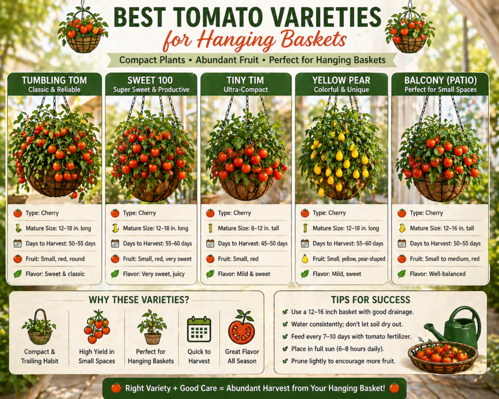 Tomato varieties for hanging baskets, featuring compact and trailing types ideal for small-space gardening.