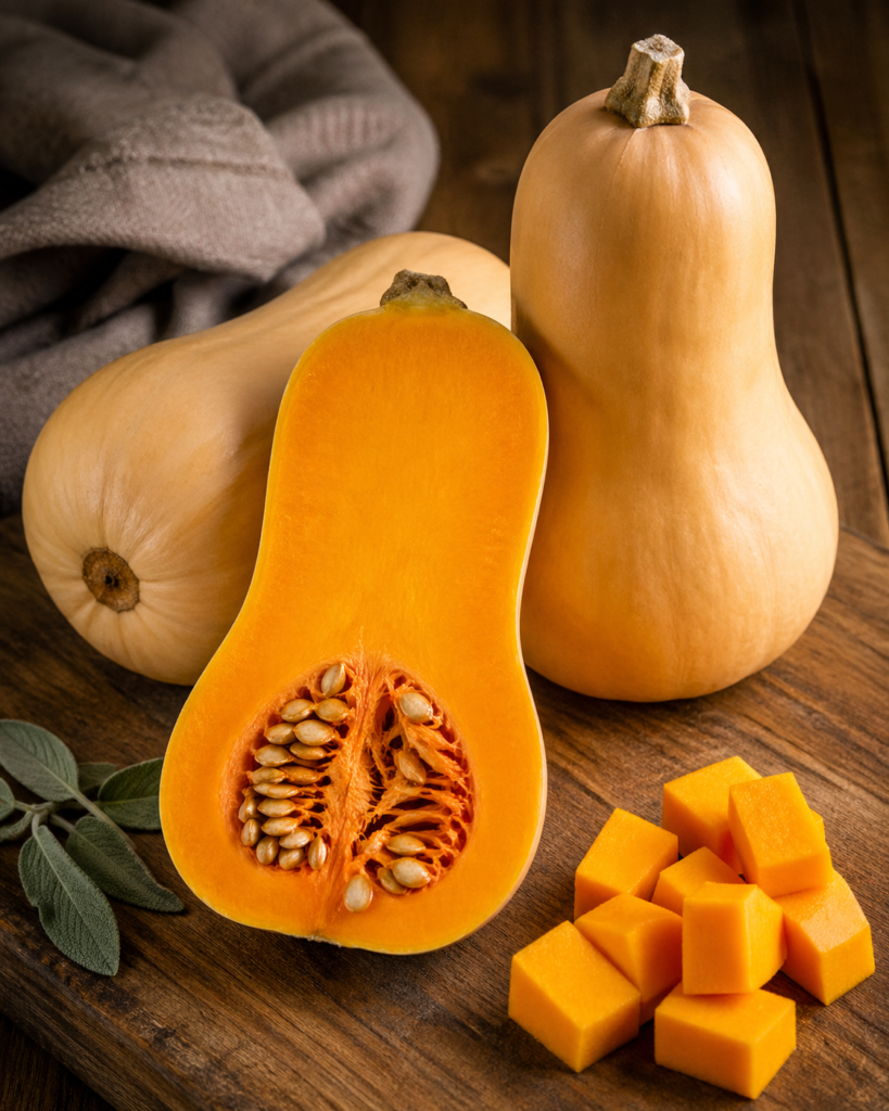 Whole and sliced butternut squash on a wooden table, glowing with warm autumn light and rich orange color.