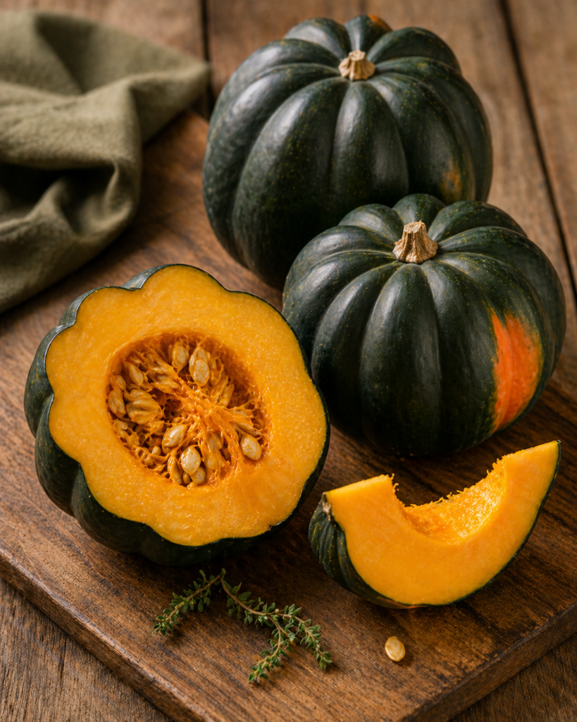 Whole and sliced acorn squash on a wooden board, showing bright orange flesh and seeds in warm natural light.
