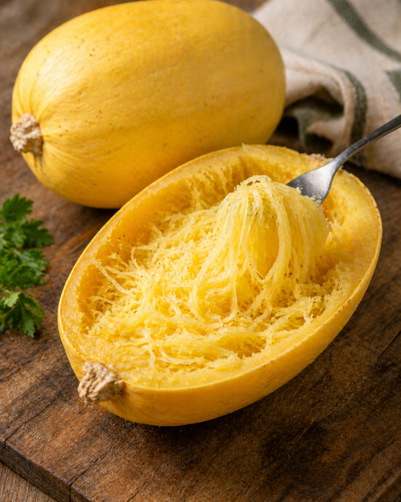 A halved spaghetti squash on a wooden table, with golden noodle-like strands lifted by a fork in warm natural light.
