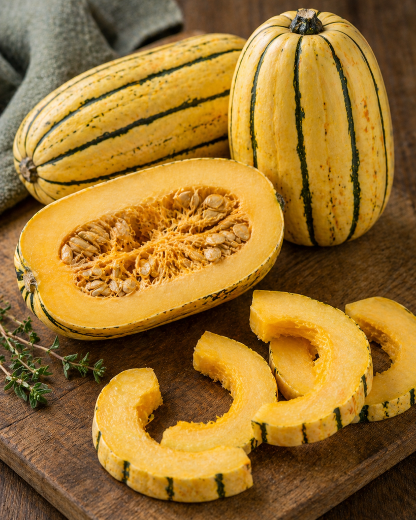 Whole and sliced delicata squash with striped skin and golden flesh, arranged on a rustic wooden surface in warm natural light.
