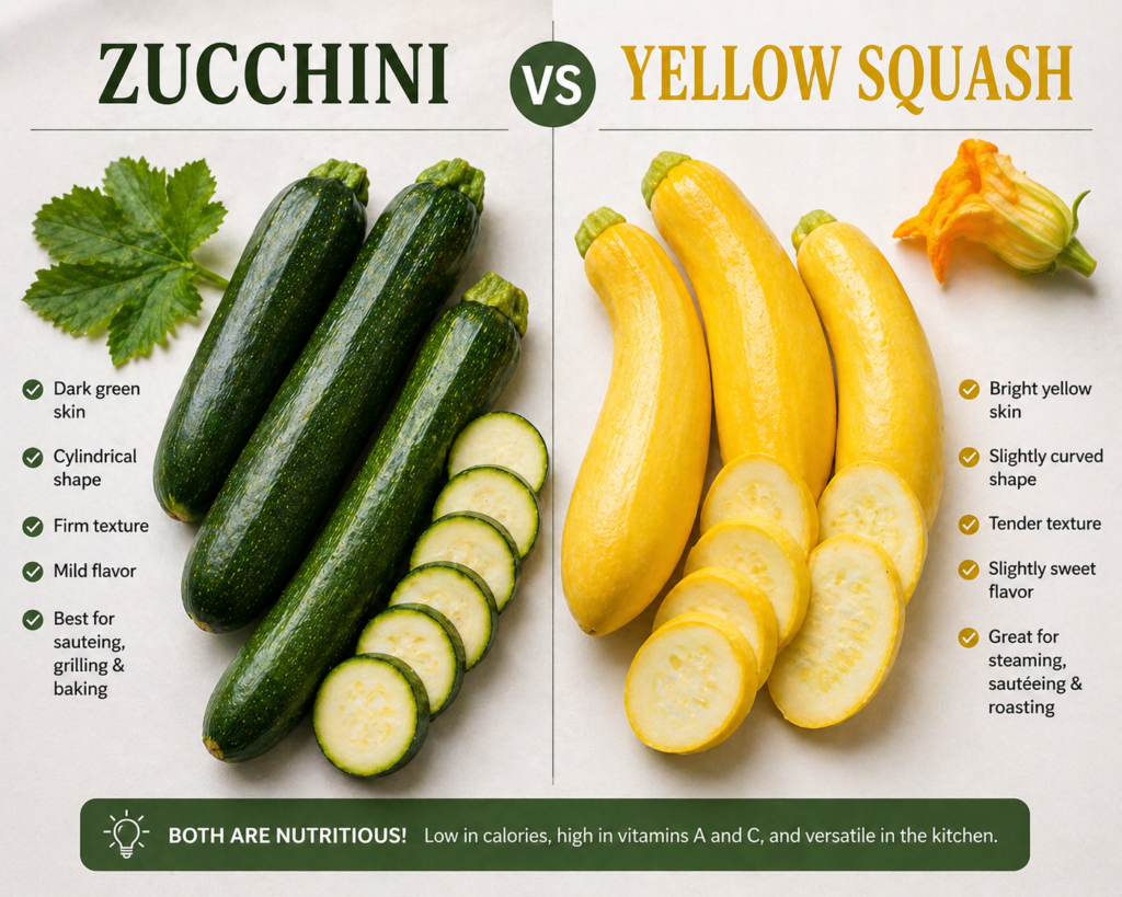 A side-by-side comparison of zucchini and yellow squash, showing their colors, shapes, and sliced interiors in an easy visual guide.
