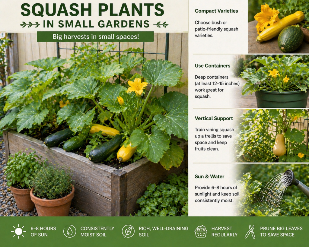 A raised garden bed filled with squash plants, showing tips for growing squash in small spaces like containers, trellises, and proper sunlight.

