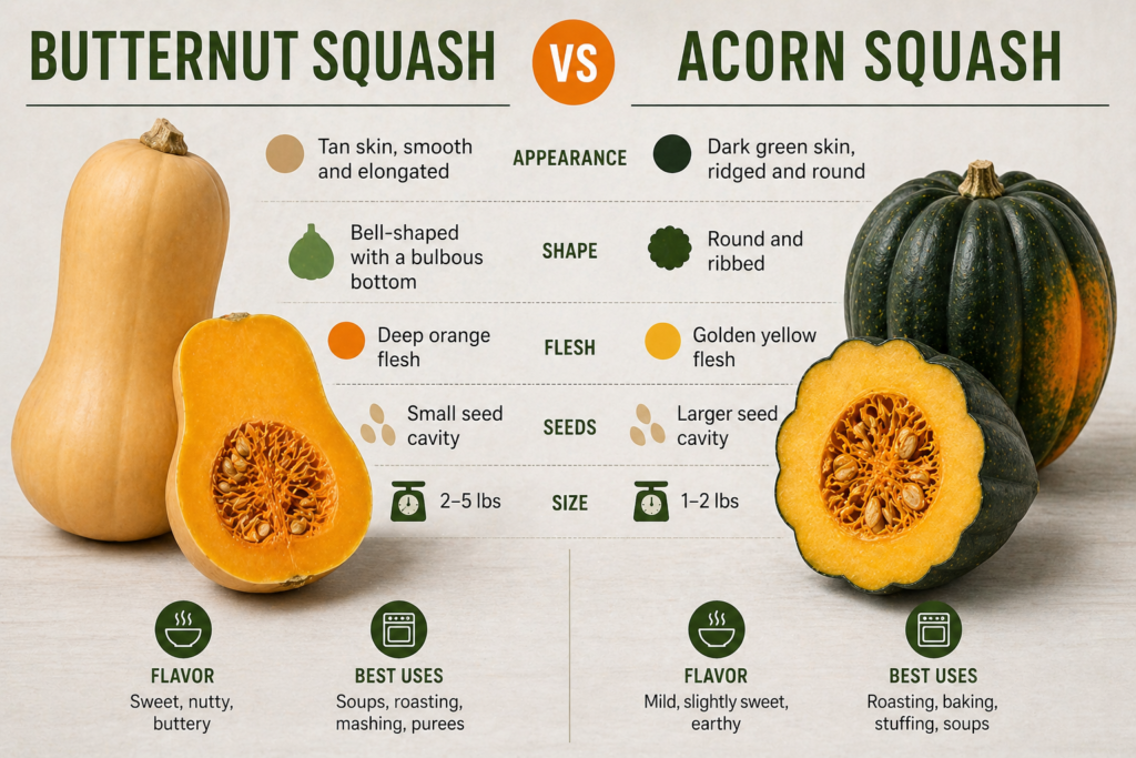 A visual comparison of butternut and acorn squash, highlighting their shape, skin texture, and bright orange flesh side by side.
