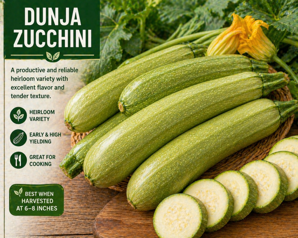 Fresh Dunja zucchini with sliced rounds on a wooden surface, showing pale green skin and light interiors.
