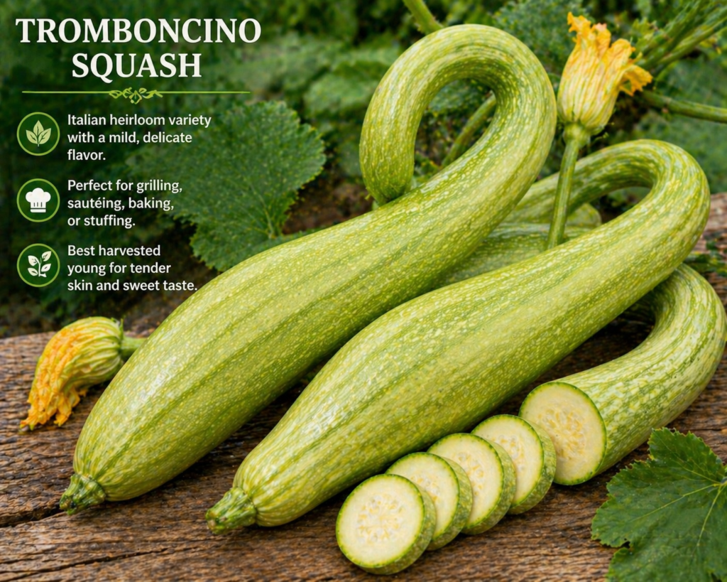 Curved tromboncino squash on a wooden surface, with sliced pieces showing its pale interior.
