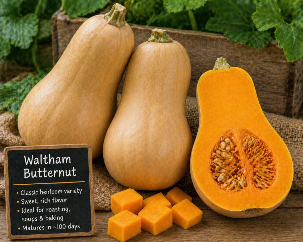 Whole and halved Waltham butternut squash with bright orange flesh on a rustic wooden surface.
