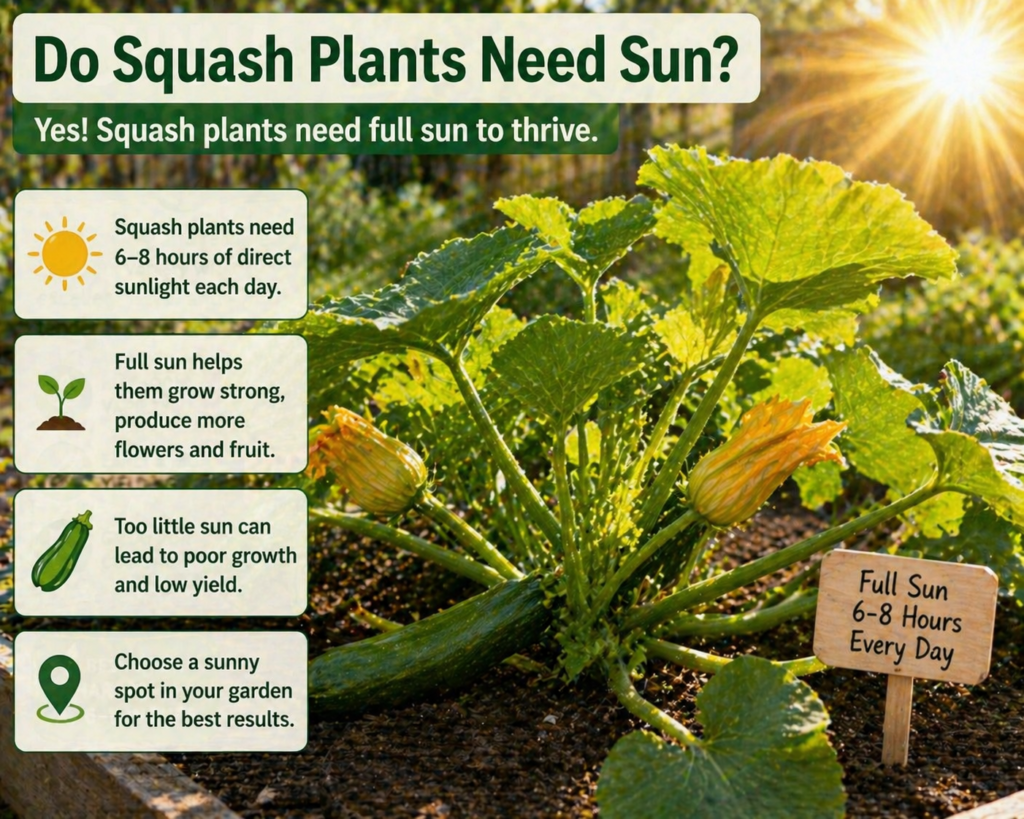 A squash plant growing in bright sunlight, with an infographic showing that squash needs 6–8 hours of full sun each day.
