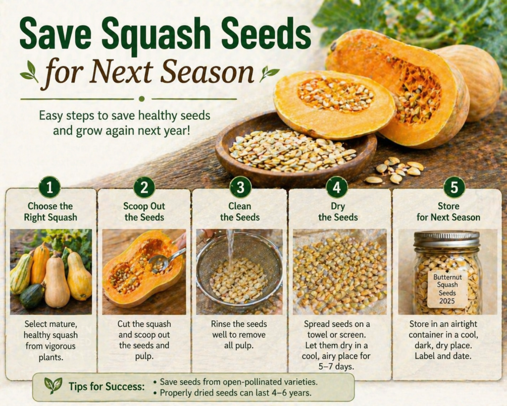 Step-by-step how to save squash seeds, from scooping and cleaning to drying and storing for the next season.