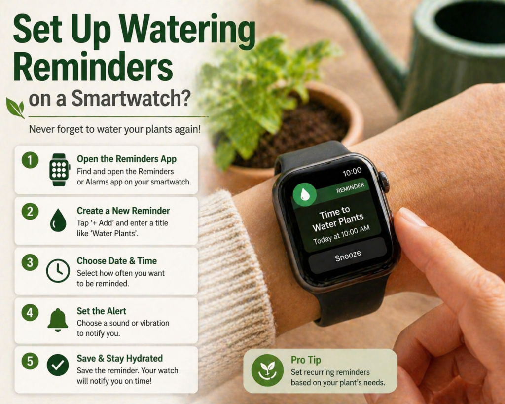 An infographic showing how to set watering reminders on a smartwatch, with step-by-step instructions and a watch displaying a plant watering alert.
