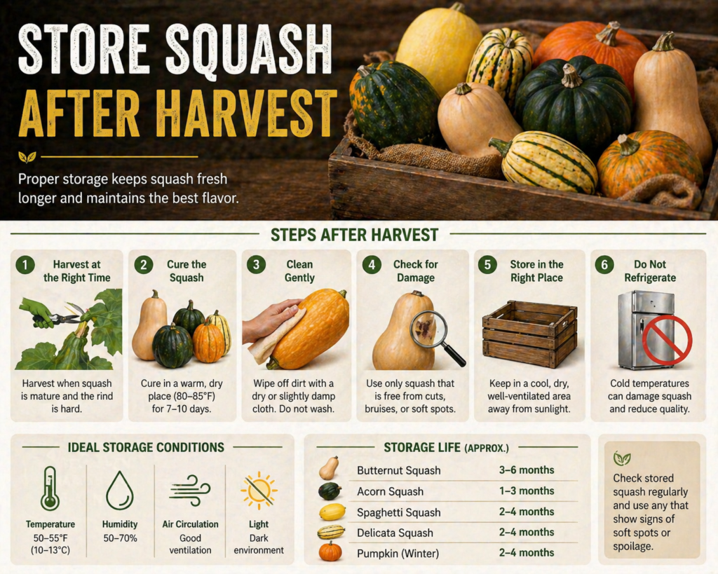 Store squash after harvest, with steps for curing, cleaning, checking, and proper storage to keep squash fresh longer.