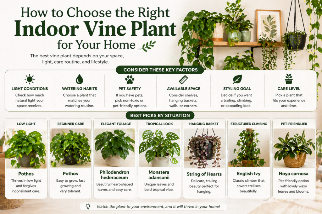 Indoor vine plant selection guide showing the best plant choices based on light, care level, and home styling needs.
