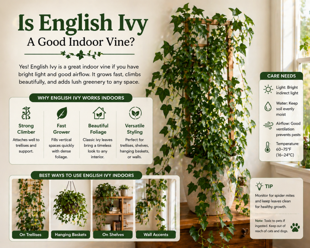 English ivy climbing indoors on a trellis, showing dense green foliage and structured vertical growth.
