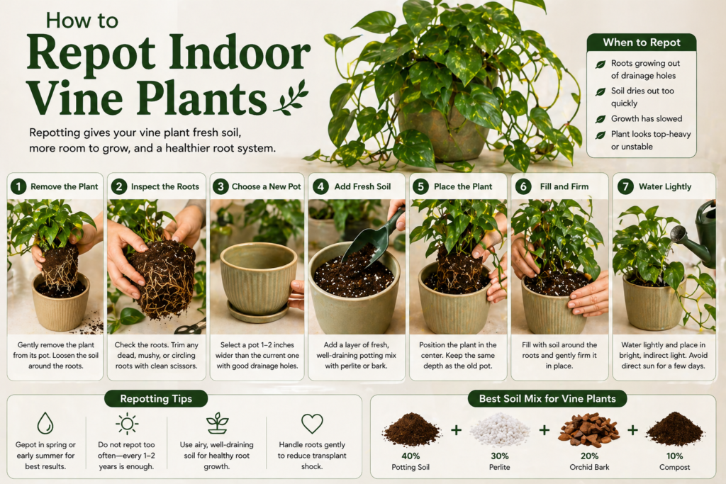 Step-by-step guide showing how to repot indoor vine plants using fresh soil, root inspection, and a larger pot.
