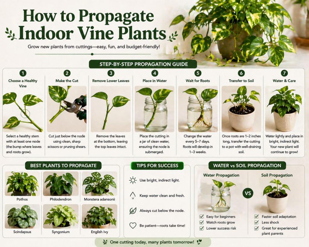 Step-by-step indoor vine plant propagation guide showing stem cuttings rooting in water before transferring to soil.
