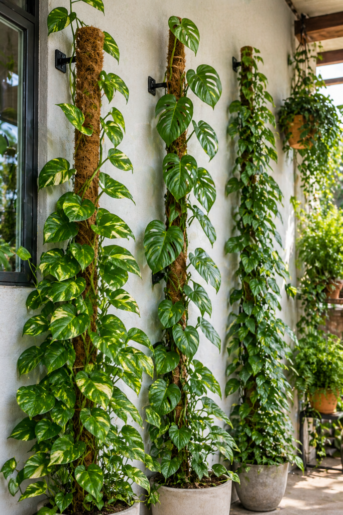 Climbing vine plants growing upward on moss poles with lush green foliage.
