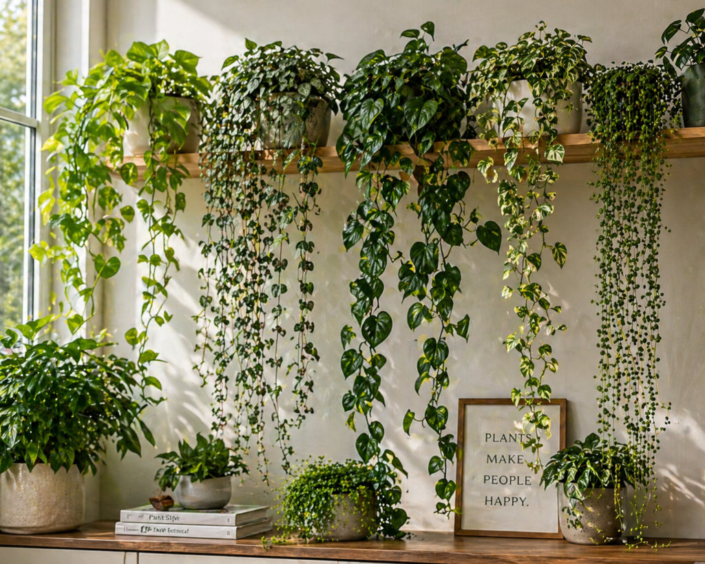 Trailing vine plants cascading from shelves in a bright indoor plant space.
