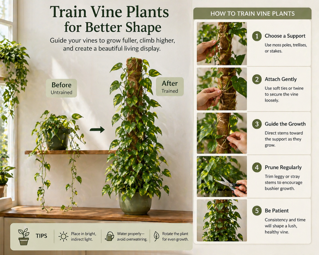 Vine plants being trained on supports like moss poles and wall clips to create fuller growth and better shape indoors.
