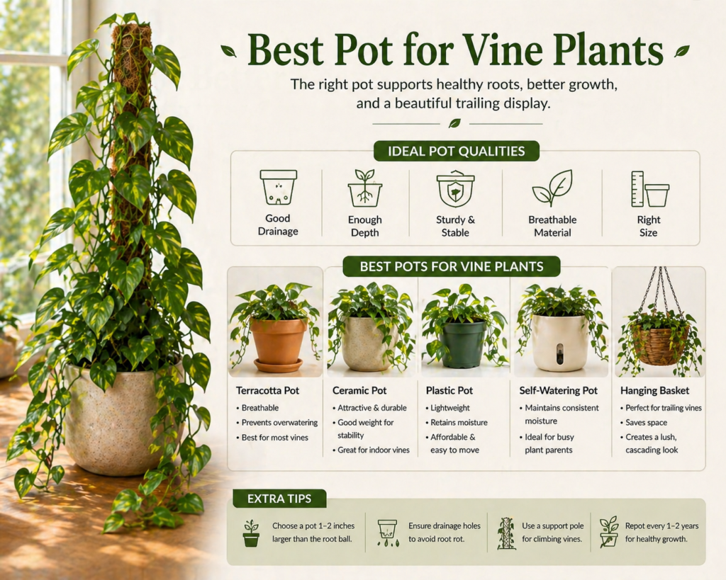 Guide showing the best pot types for healthy vine plant growth.

