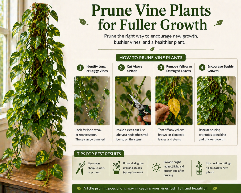 Guide showing vine plants trimmed at nodes to encourage fuller, bushier growth.
