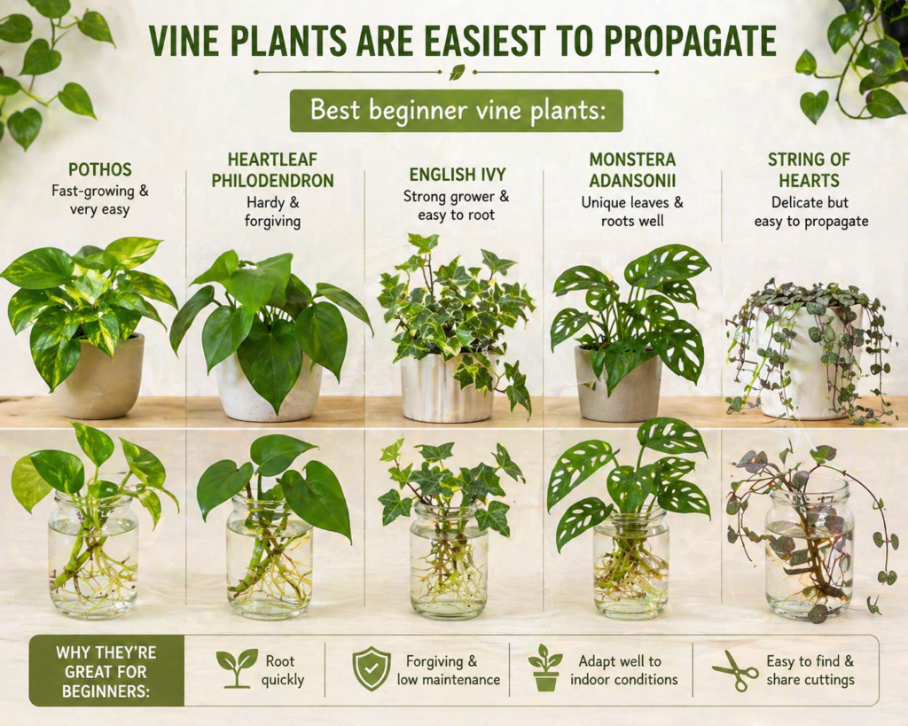 Best beginner vine plants for propagation, including pothos, philodendron, English ivy, monstera adansonii, and string of hearts with visible rooted cuttings.