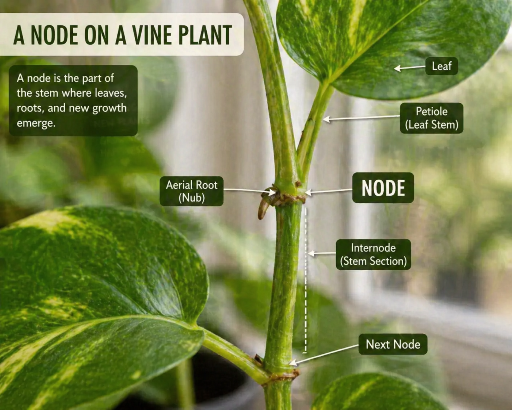 A vine plant stem showing the node, aerial root nub, and leaf attachment points used for successful plant propagation.