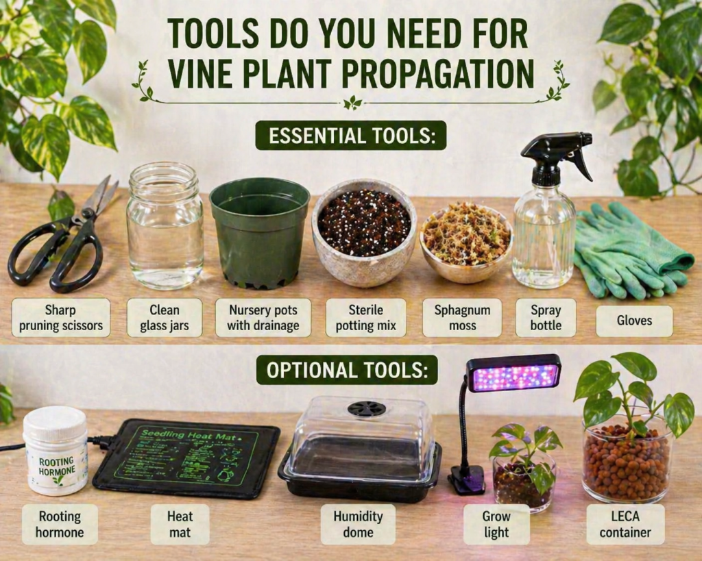 Propagation tools for vine plants, including pruning scissors, glass jars, nursery pots, potting mix, sphagnum moss, and optional rooting supplies for healthy cuttings.
