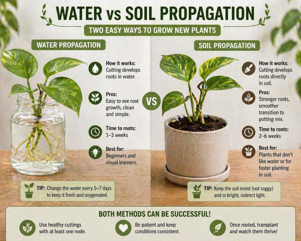 Comparison of water vs soil propagation for vine plants, showing rooted cuttings in water and soil with key benefits and growth differences.
