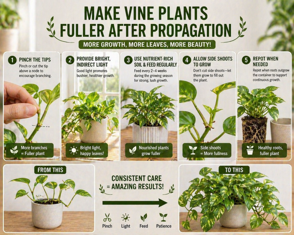 Step-by-step guide showing how to make vine plants fuller after propagation through pruning, replanting cuttings, and encouraging new side growth.